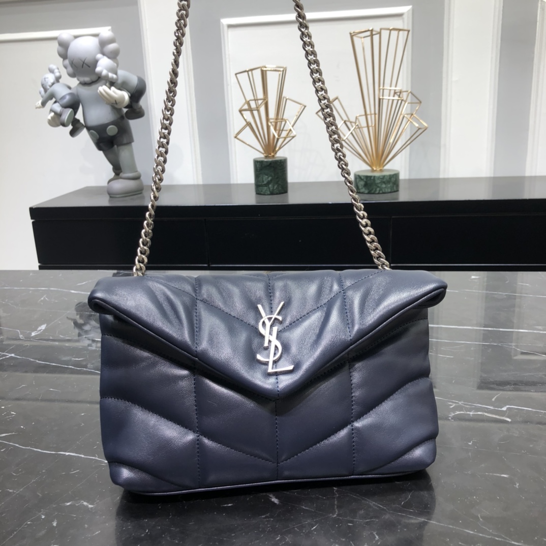 Saint Laurent Loulou Puffer Toy Lambskin Shoulder Bag Handbag Dark Blue 759337 Silver